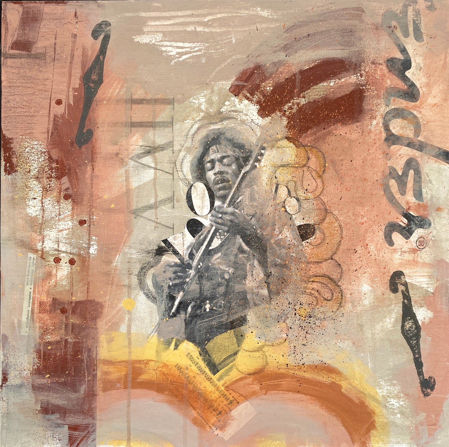 Acrylic painting showing Jimi Hendrix playing guitar