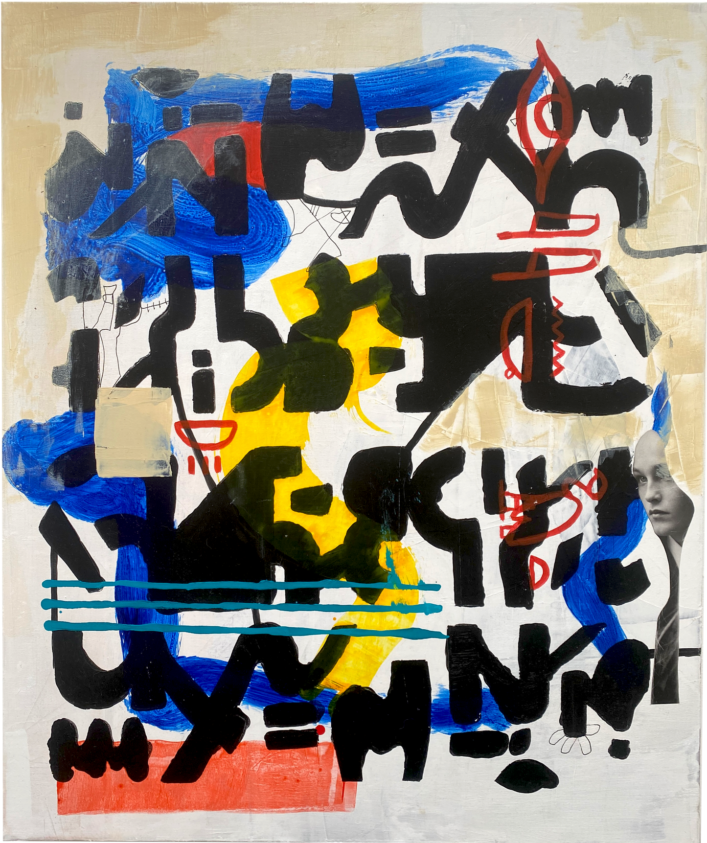 Acrylic painting on Gesso board with black shapes forming letters and red hieroglyphs with blue, red and yellow washes